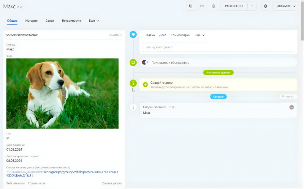 Карточка подопечного животного в Битрикс24 Карточка подопечного животного в Битрикс24