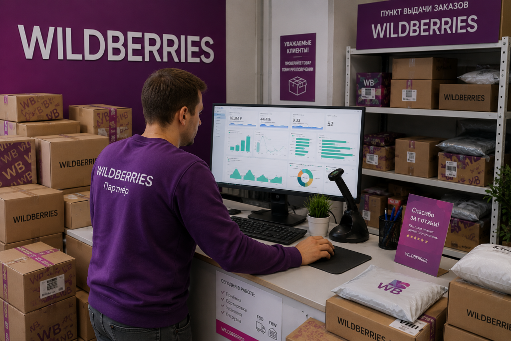 Владелец пункта выдачи Wildberries использует BI-дашборд с метриками выручки, количества заказов и динамики по товарам