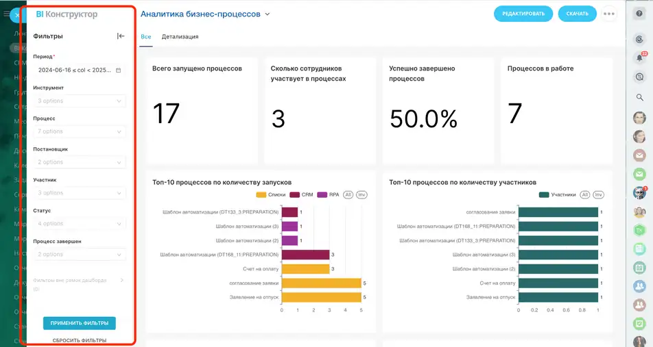 Панель фильтров в верхней части дашборда Панель фильтров в верхней части дашборда
